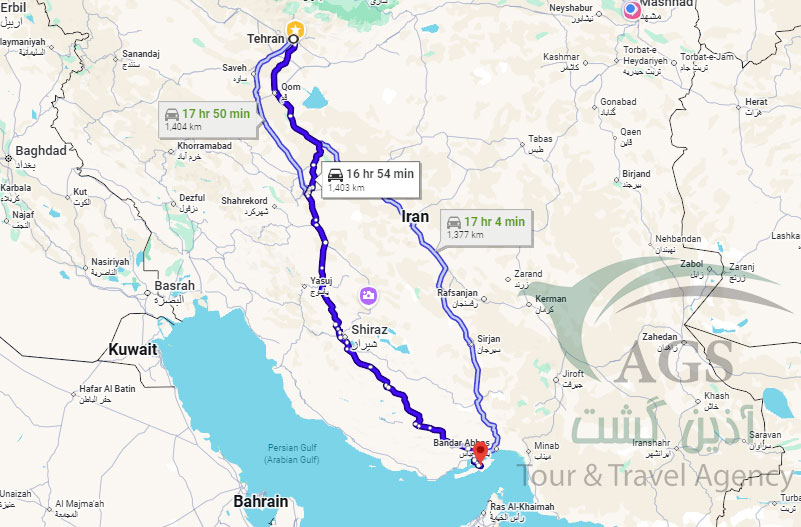 فاصله تهران تا قشم زمینی